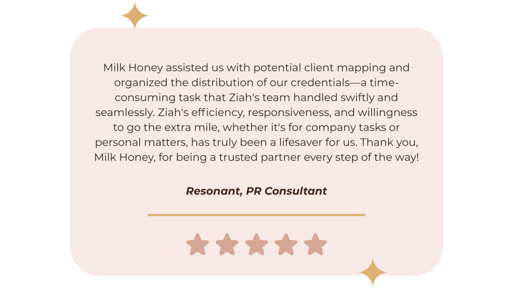 Happy client review of The Milk & Honey executive virtual assistant